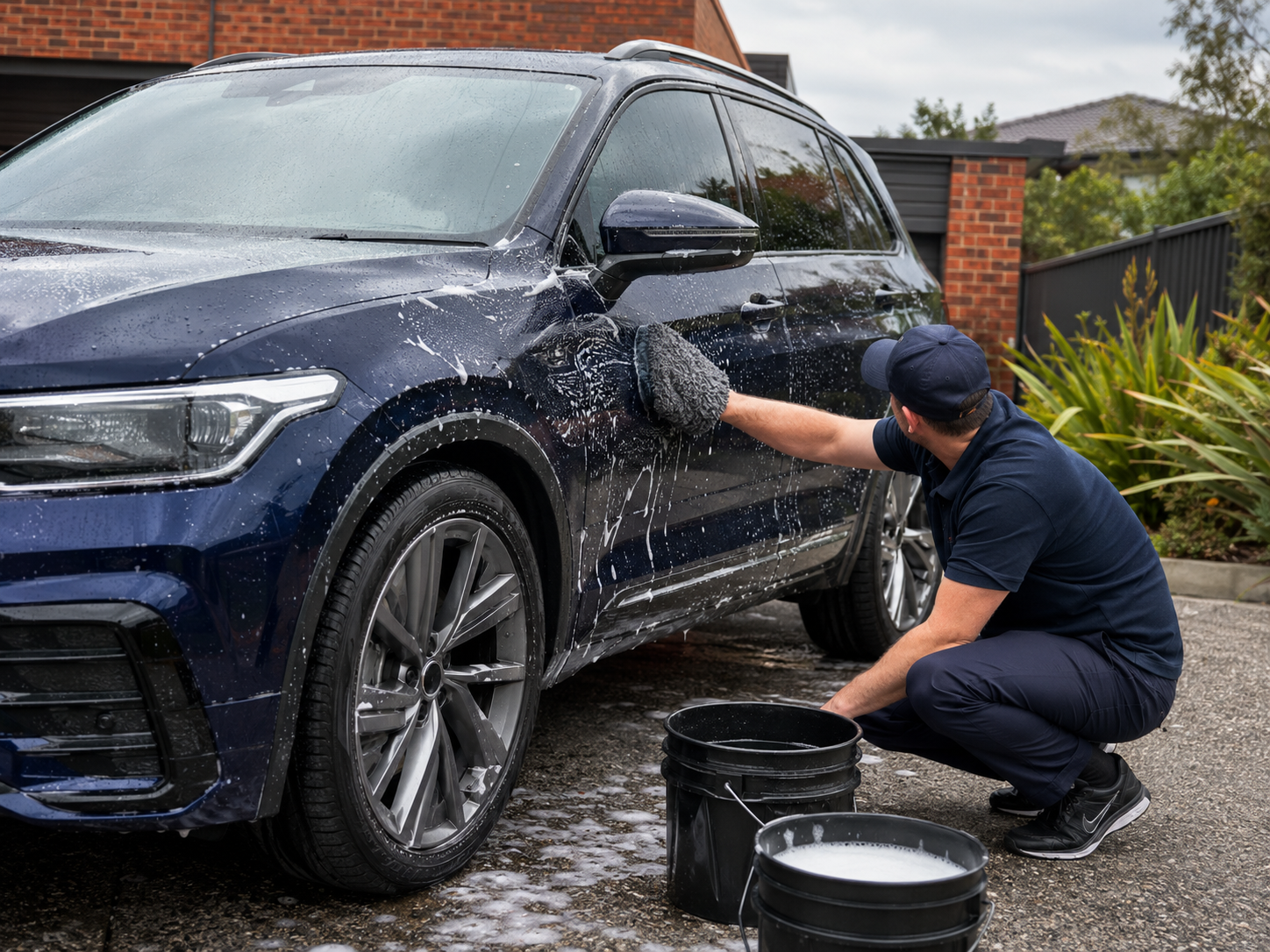 Car Shine mobile detailer hand washing a blue SUV at a Melbourne home driveway